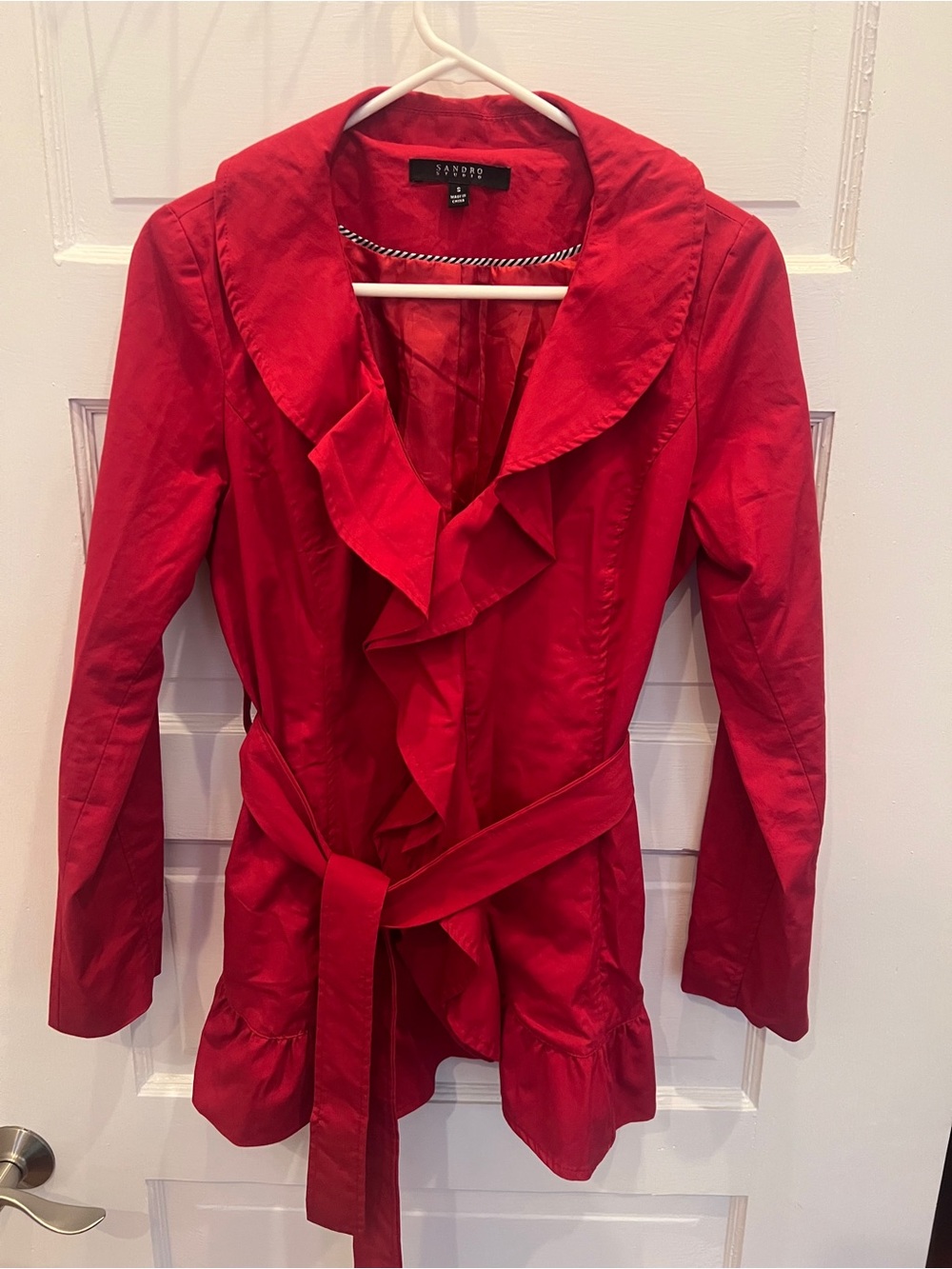Sandro Red Ruffle-Front Belted Trench Coat